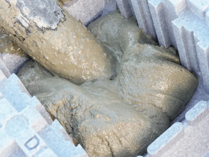 Frischer Beton fließt in die Kammern der isorast-Schalungselemente