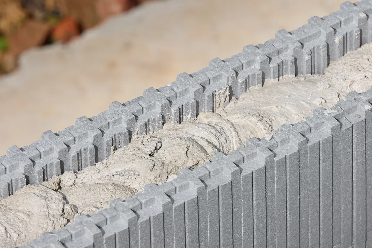 Mit Beton verfüllte isorast Wandelemente – Dämmung und Schalung bleiben dauerhaft an der Wand